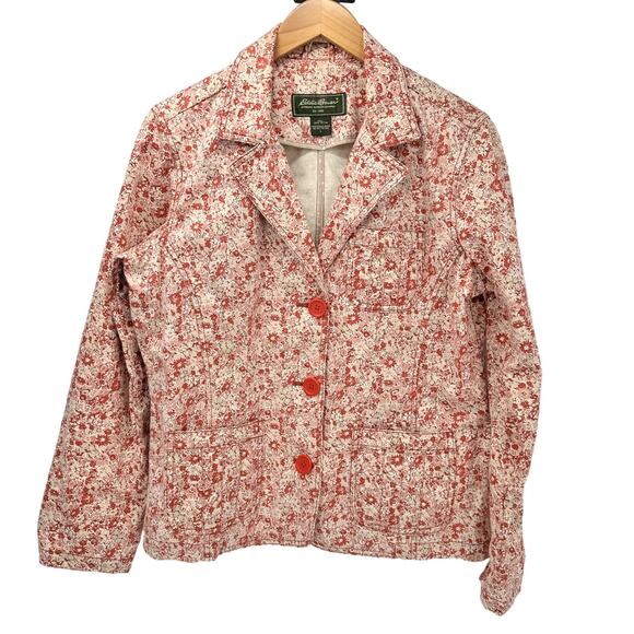 Eddie Bauer Blazer Womens Large Pink Floral Cotton Coastal 3 Button Jacket - Picture 1 of 6